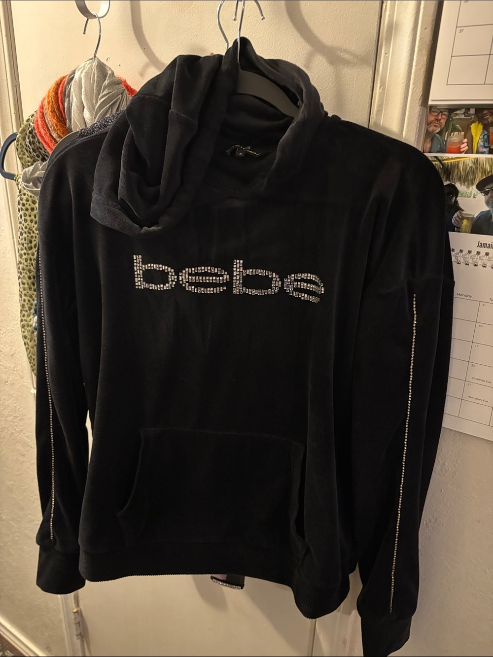 bebe Black Rhinestone Logo Velour Hoodie-P2P:20(S-M)